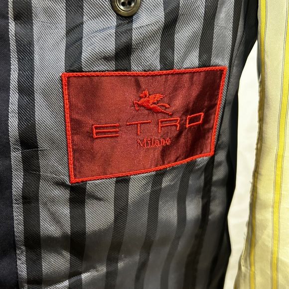 Etro Milano Italy Sz 52 IT 42 US Navy Blue 100 % Wool Jacket Blazer FLAW - Picture 13 of 16